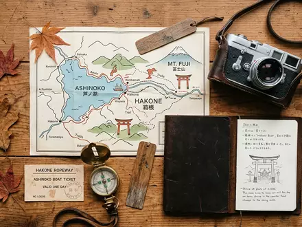 Flatlay-Reise-Arrangement rund um Ashi-See in Hakone Japan, Karte Kompass Kamera und generische Reiserequisiten - Foto: THN