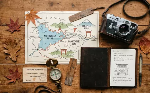 Flatlay-Reise-Arrangement rund um Ashi-See in Hakone Japan, Karte Kompass Kamera und generische Reiserequisiten - Foto: THN