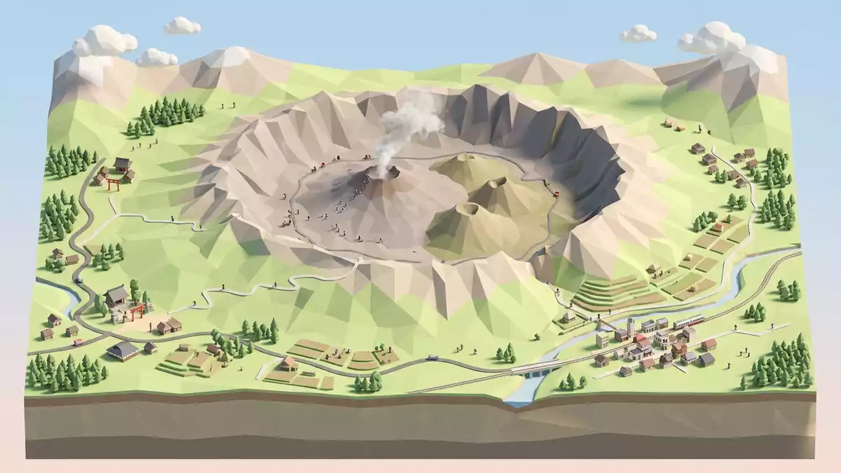 Isometrisches Diorama von Vulkan Aso in Aso, Japan in Pastell