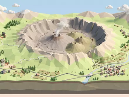 Isometrisches Diorama von Vulkan Aso und Umgebung in Aso Japan, verspielte Low-Poly-Kulisse in Pastellfarben - Foto: THN