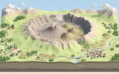Isometrisches Diorama von Vulkan Aso und Umgebung in Aso Japan, verspielte Low-Poly-Kulisse in Pastellfarben - Foto: THN