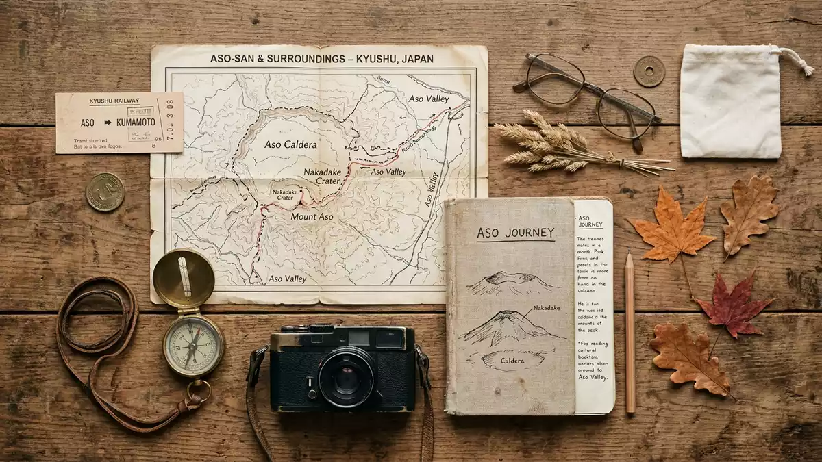 Flatlay-Reise-Arrangement rund um Vulkan Aso in Aso, Japan