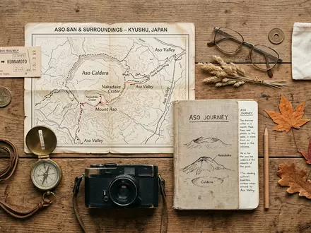 Flatlay-Reise-Arrangement rund um Vulkan Aso in Aso Japan, Karte Kompass Kamera und generische Reiserequisiten - Foto: THN