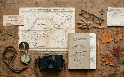 Flatlay-Reise-Arrangement rund um Vulkan Aso in Aso Japan, Karte Kompass Kamera und generische Reiserequisiten - Foto: THN
