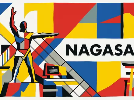 Bauhaus-Poster als geometrische Abstraktion von Friedenspark Nagasaki in Nagasaki Japan, kraeftige Grundfarben und harte Formkanten - Foto: THN