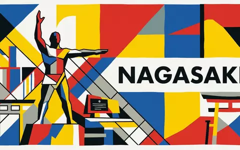 Bauhaus-Poster als geometrische Abstraktion von Friedenspark Nagasaki in Nagasaki Japan, kraeftige Grundfarben und harte Formkanten - Foto: THN