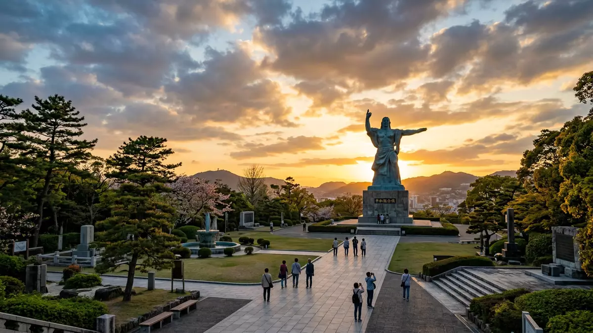 Fotorealistische Ansicht von Friedenspark Nagasaki in Nagasaki, Japan im Abendlicht