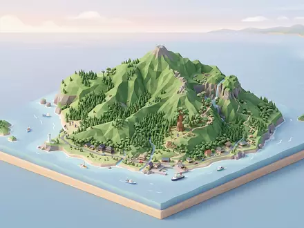 Isometrisches Diorama von Yakushima und Umgebung in Yakushima Japan, verspielte Low-Poly-Kulisse in Pastellfarben - Foto: THN