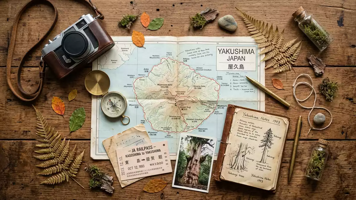 Flatlay-Reise-Arrangement rund um Yakushima in Yakushima, Japan