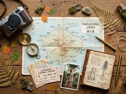 Flatlay-Reise-Arrangement rund um Yakushima in Yakushima Japan, Karte Kompass Kamera und generische Reiserequisiten - Foto: THN