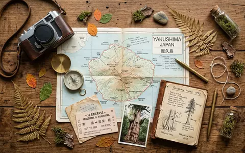 Flatlay-Reise-Arrangement rund um Yakushima in Yakushima Japan, Karte Kompass Kamera und generische Reiserequisiten - Foto: THN