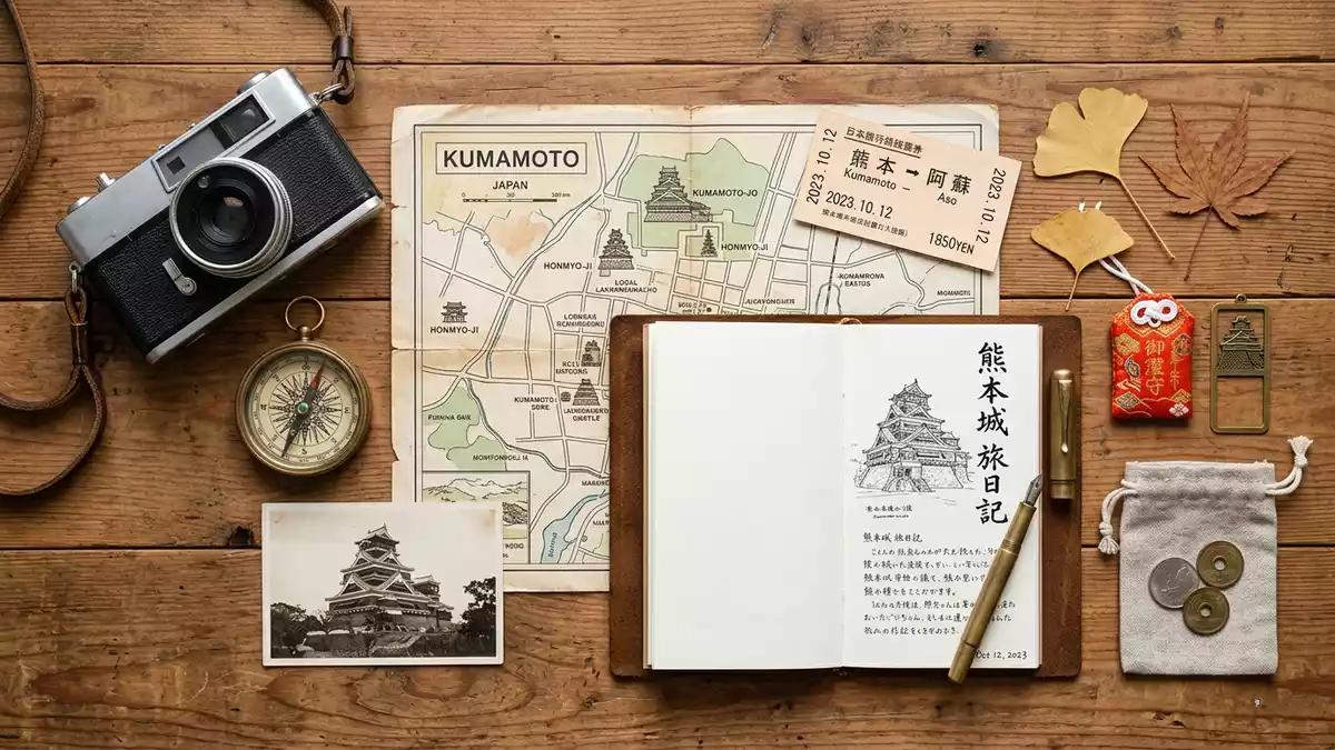 Flatlay-Reise-Arrangement rund um Burg Kumamoto in Kumamoto, Japan