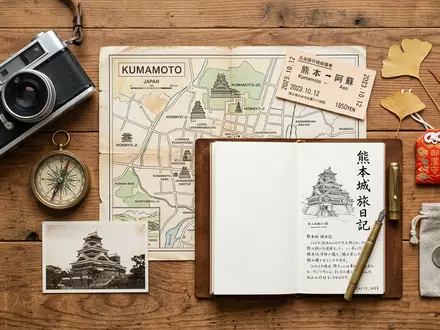 Flatlay-Reise-Arrangement rund um Burg Kumamoto in Kumamoto Japan, Karte Kompass Kamera und generische Reiserequisiten - Foto: THN