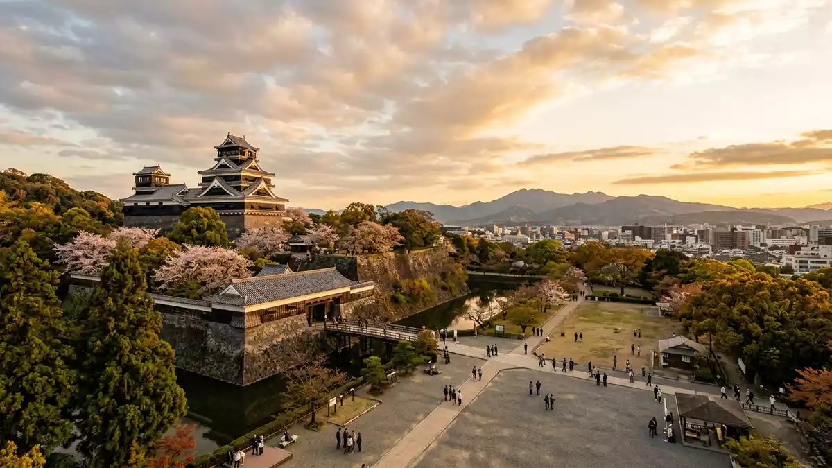 Fotorealistische Ansicht von Burg Kumamoto in Kumamoto, Japan im Abendlicht