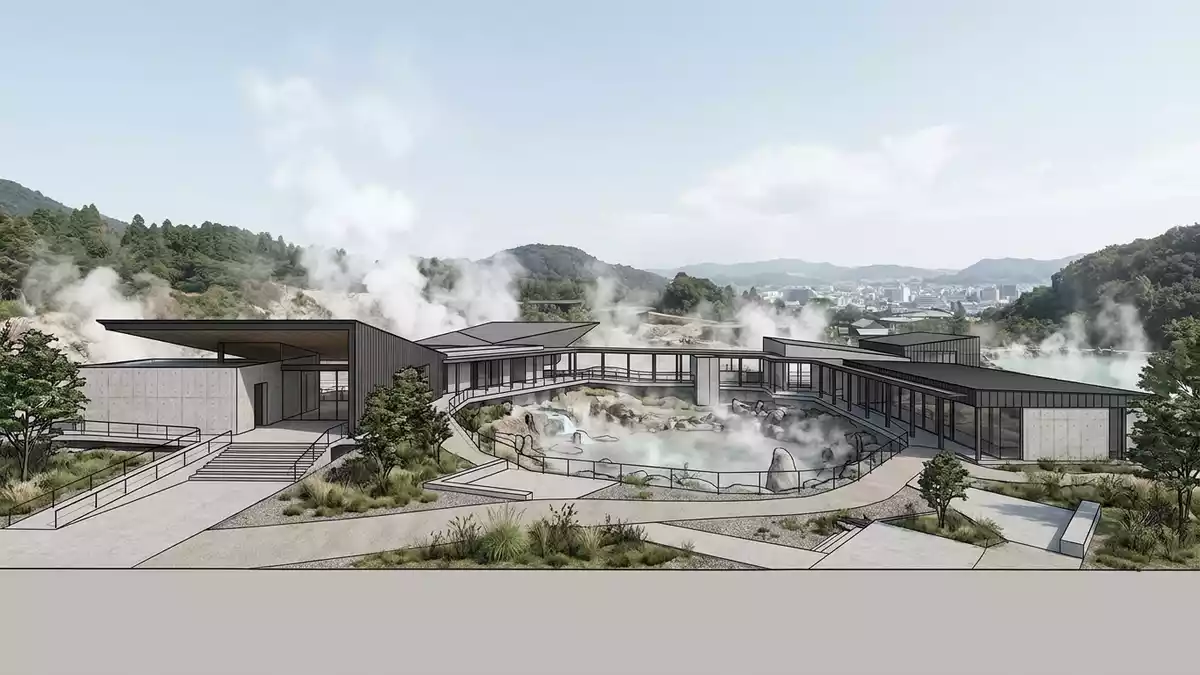 Architektur-Render von Beppu Hells in Beppu, Japan bei Tageslicht