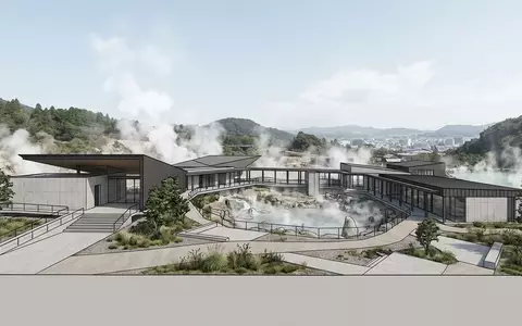 Moderner Architektur-Render zeigt Silhouette von Beppu Hells in Beppu Japan, klare Linien und neutrales Tageslicht - Foto: THN