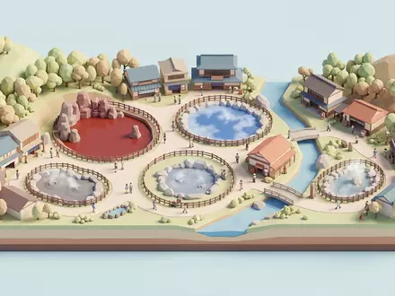 Isometrisches Diorama von Beppu Hells und Umgebung in Beppu Japan, verspielte Low-Poly-Kulisse in Pastellfarben - Foto: THN