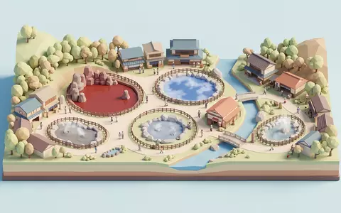 Isometrisches Diorama von Beppu Hells und Umgebung in Beppu Japan, verspielte Low-Poly-Kulisse in Pastellfarben - Foto: THN