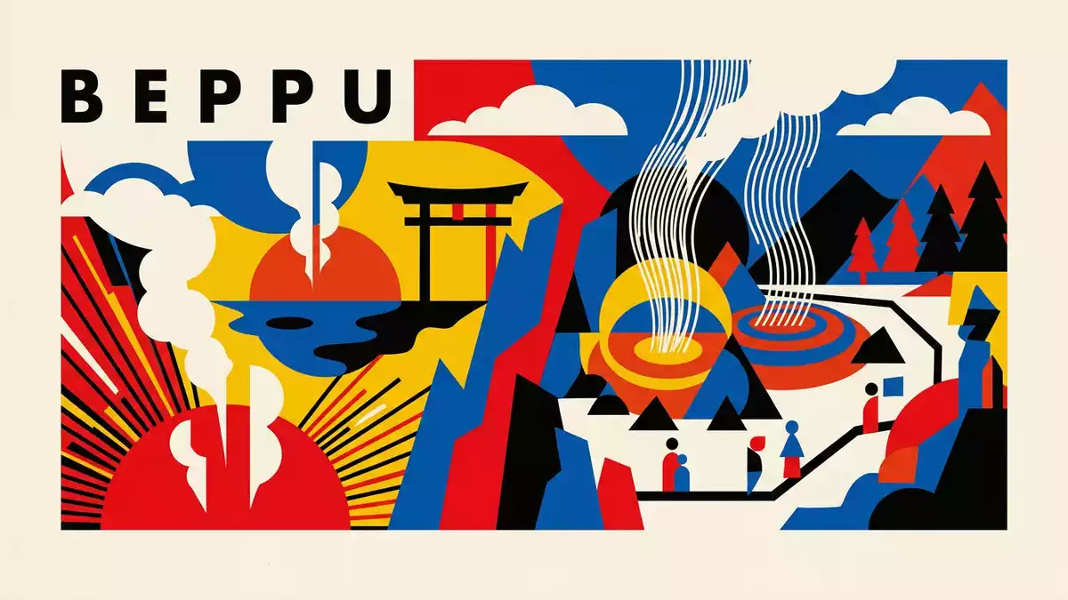 Bauhaus-Poster als Abstraktion von Beppu Hells in Beppu, Japan