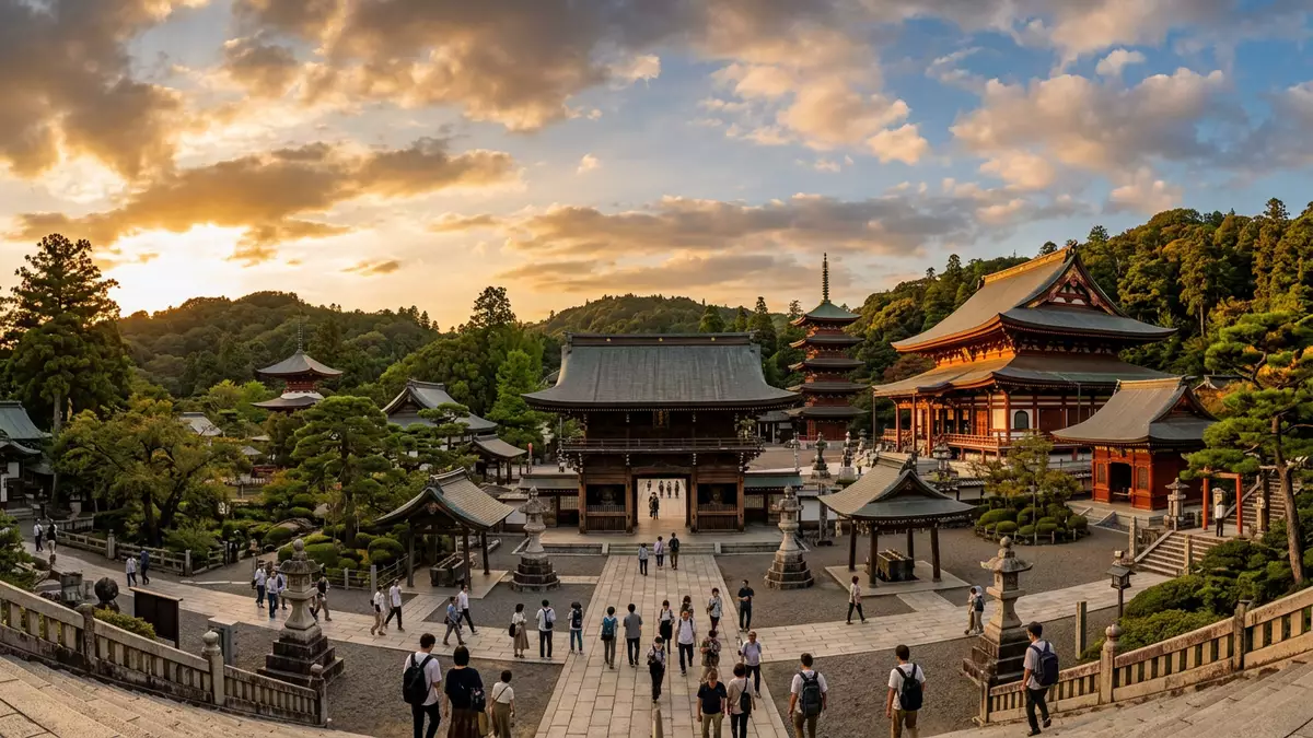 Fotorealistische Ansicht von Narita-san Shinsho-ji in Narita, Japan im Abendlicht
