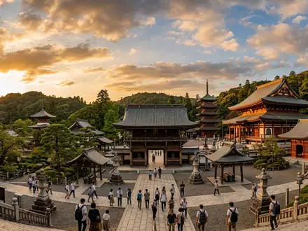 Fotorealistische Panoramaaufnahme von Narita-san Shinsho-ji in Narita Japan, warmes Abendlicht auf Wahrzeichen - Foto: THN