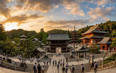 Fotorealistische Panoramaaufnahme von Narita-san Shinsho-ji in Narita Japan, warmes Abendlicht auf Wahrzeichen - Foto: THN