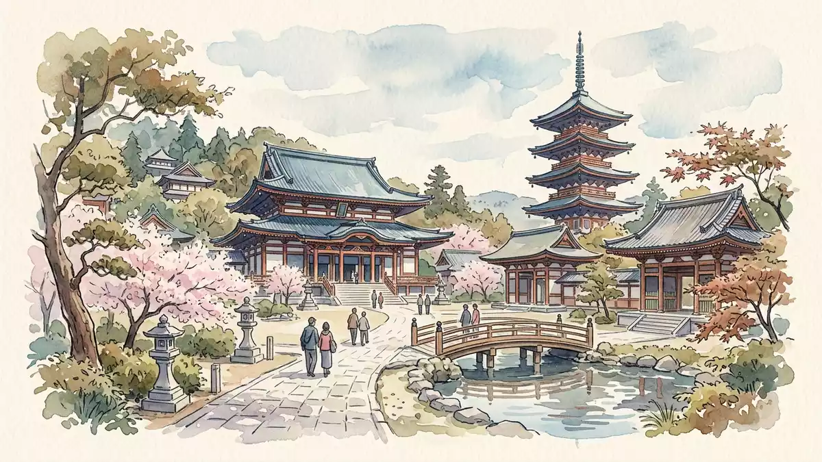 Aquarell-Illustration von Narita-san Shinsho-ji in Narita, Japan als Reiseposter