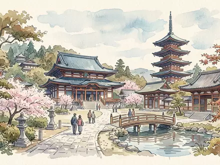 Aquarellillustration des Wahrzeichens Narita-san Shinsho-ji in Narita Japan, weiche Farbverläufe und pastelliges Reiseposter-Feeling - Foto: THN