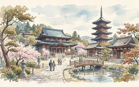 Aquarellillustration des Wahrzeichens Narita-san Shinsho-ji in Narita Japan, weiche Farbverläufe und pastelliges Reiseposter-Feeling - Foto: THN