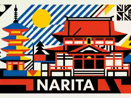 Bauhaus-Poster als geometrische Abstraktion von Narita-san Shinsho-ji in Narita Japan, kraeftige Grundfarben und harte Formkanten - Foto: THN