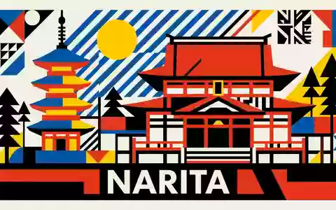 Bauhaus-Poster als geometrische Abstraktion von Narita-san Shinsho-ji in Narita Japan, kraeftige Grundfarben und harte Formkanten - Foto: THN