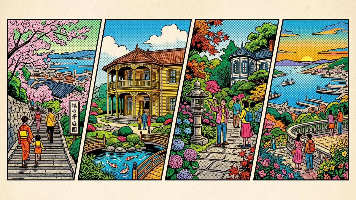Pop-Art-Comic von Glover Garden Nagasaki in Nagasaki, Japan mit Rasterpunkten