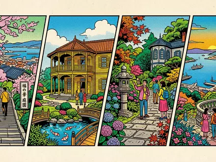 Pop-Art-Comicillustration des Wahrzeichens Glover Garden Nagasaki in Nagasaki Japan, kraeftige Konturen Rasterpunkte und satte Farben - Foto: THN