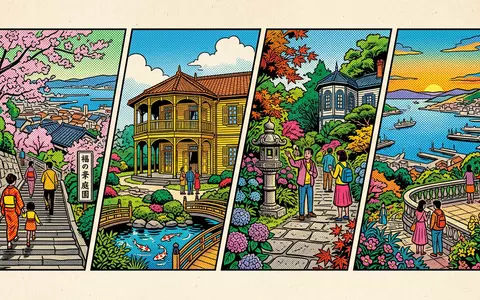 Pop-Art-Comicillustration des Wahrzeichens Glover Garden Nagasaki in Nagasaki Japan, kraeftige Konturen Rasterpunkte und satte Farben - Foto: THN