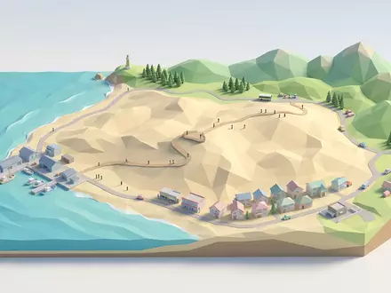 Isometrisches Diorama von Sanddunen von Tottori und Umgebung in Tottori Japan, verspielte Low-Poly-Kulisse in Pastellfarben - Foto: THN