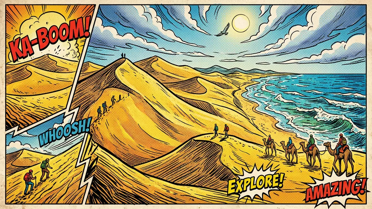 Pop-Art-Comic von Sanddunen von Tottori in Tottori, Japan mit Rasterpunkten