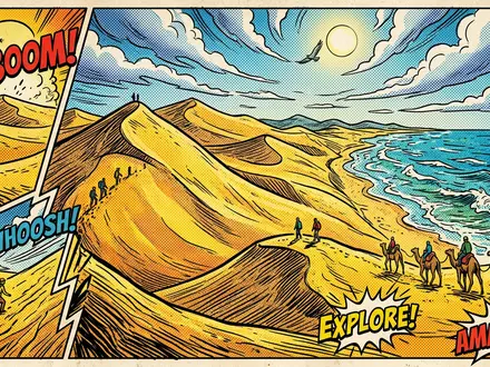 Pop-Art-Comicillustration des Wahrzeichens Sanddunen von Tottori in Tottori Japan, kraeftige Konturen Rasterpunkte und satte Farben - Foto: THN