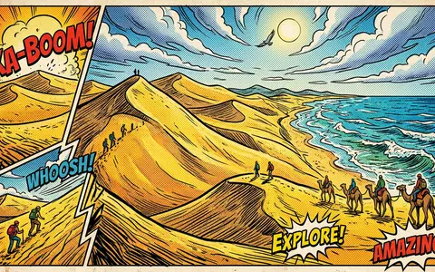 Pop-Art-Comicillustration des Wahrzeichens Sanddunen von Tottori in Tottori Japan, kraeftige Konturen Rasterpunkte und satte Farben - Foto: THN