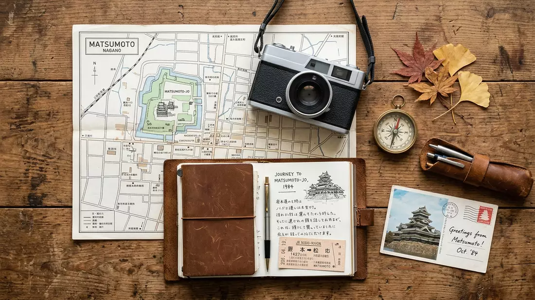 Flatlay-Reise-Arrangement rund um Burg Matsumoto in Matsumoto, Japan