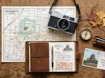 Flatlay-Reise-Arrangement rund um Burg Matsumoto in Matsumoto Japan, Karte Kompass Kamera und generische Reiserequisiten - Foto: THN
