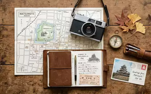 Flatlay-Reise-Arrangement rund um Burg Matsumoto in Matsumoto Japan, Karte Kompass Kamera und generische Reiserequisiten - Foto: THN