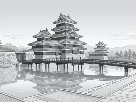 Moderner Architektur-Render zeigt Silhouette von Burg Matsumoto in Matsumoto Japan, klare Linien und neutrales Tageslicht - Foto: THN
