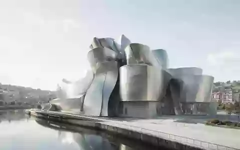 Moderner Architektur-Render zeigt Silhouette von Guggenheim-Museum Bilbao in Bilbao Spanien, klare Linien und neutrales Tageslicht - Foto: THN