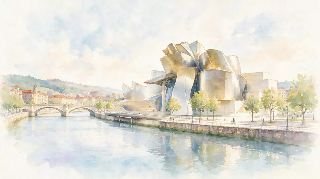 Aquarell-Illustration von Guggenheim-Museum Bilbao in Bilbao, Spanien als Reiseposter