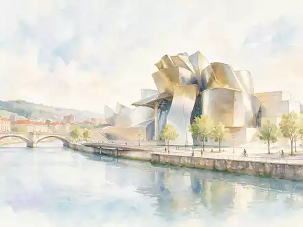 Aquarellillustration des Wahrzeichens Guggenheim-Museum Bilbao in Bilbao Spanien, weiche Farbverläufe und pastelliges Reiseposter-Feeling - Foto: THN