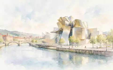 Aquarellillustration des Wahrzeichens Guggenheim-Museum Bilbao in Bilbao Spanien, weiche Farbverläufe und pastelliges Reiseposter-Feeling - Foto: THN
