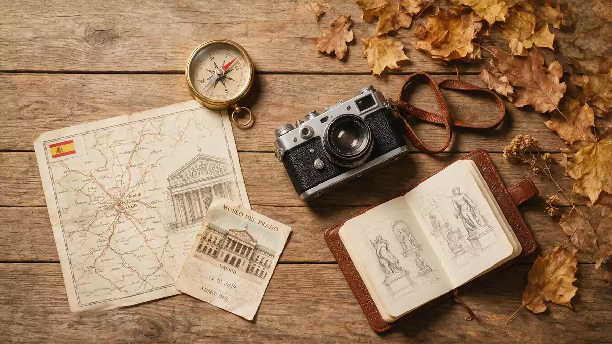 Flatlay-Reise-Arrangement rund um Prado-Museum Madrid in Madrid, Spanien