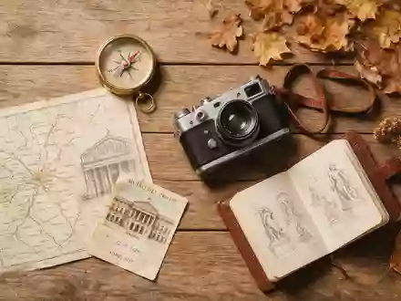 Flatlay-Reise-Arrangement rund um Prado-Museum Madrid in Madrid Spanien, Karte Kompass Kamera und generische Reiserequisiten - Foto: THN