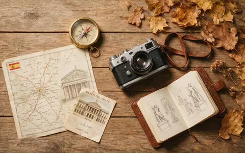 Flatlay-Reise-Arrangement rund um Prado-Museum Madrid in Madrid Spanien, Karte Kompass Kamera und generische Reiserequisiten - Foto: THN