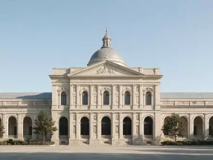 Moderner Architektur-Render zeigt Silhouette von Prado-Museum Madrid in Madrid Spanien, klare Linien und neutrales Tageslicht - Foto: THN